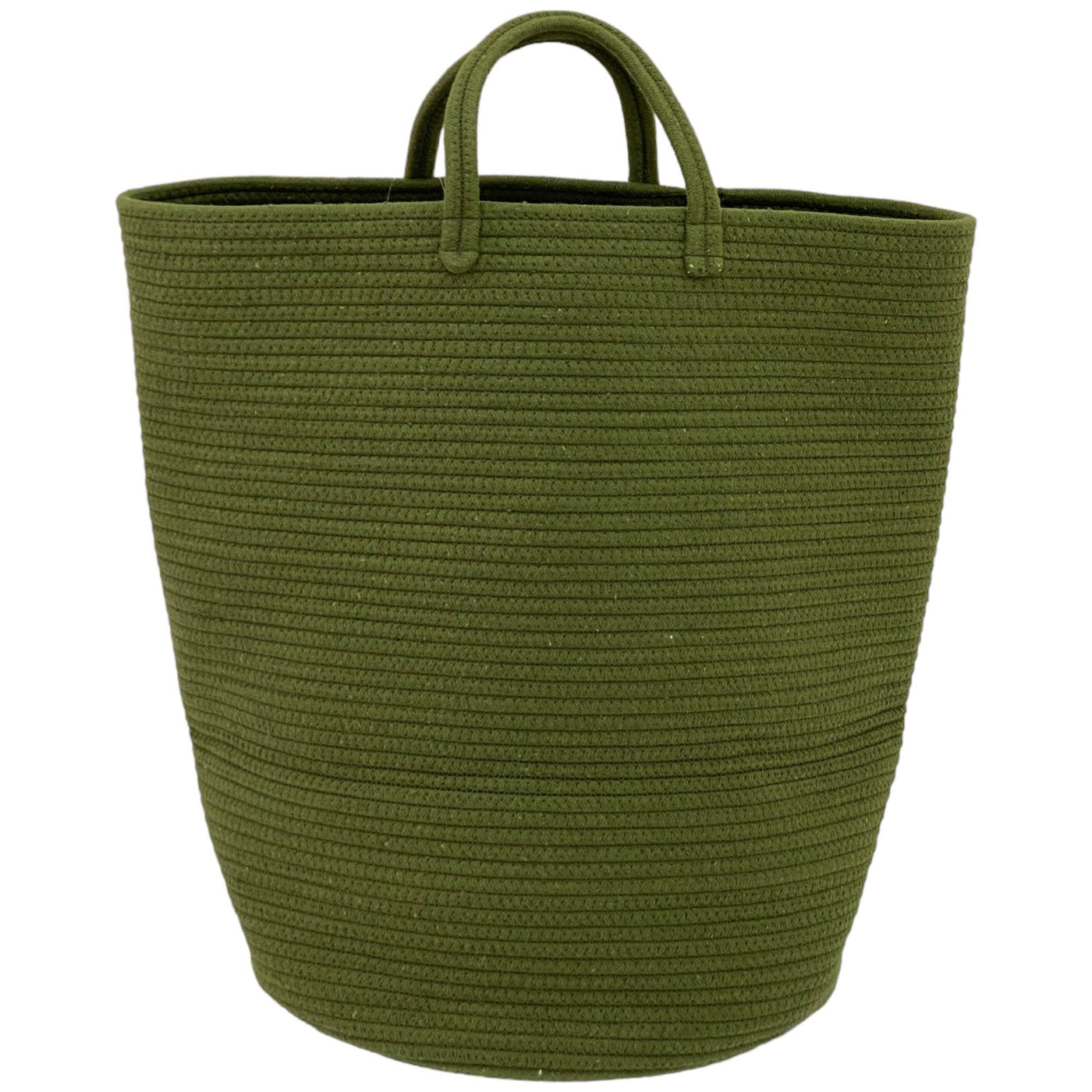 Canasta con asas de color verde, con diseño texturizado y forma cilíndrica, ideal para decoración y organización.