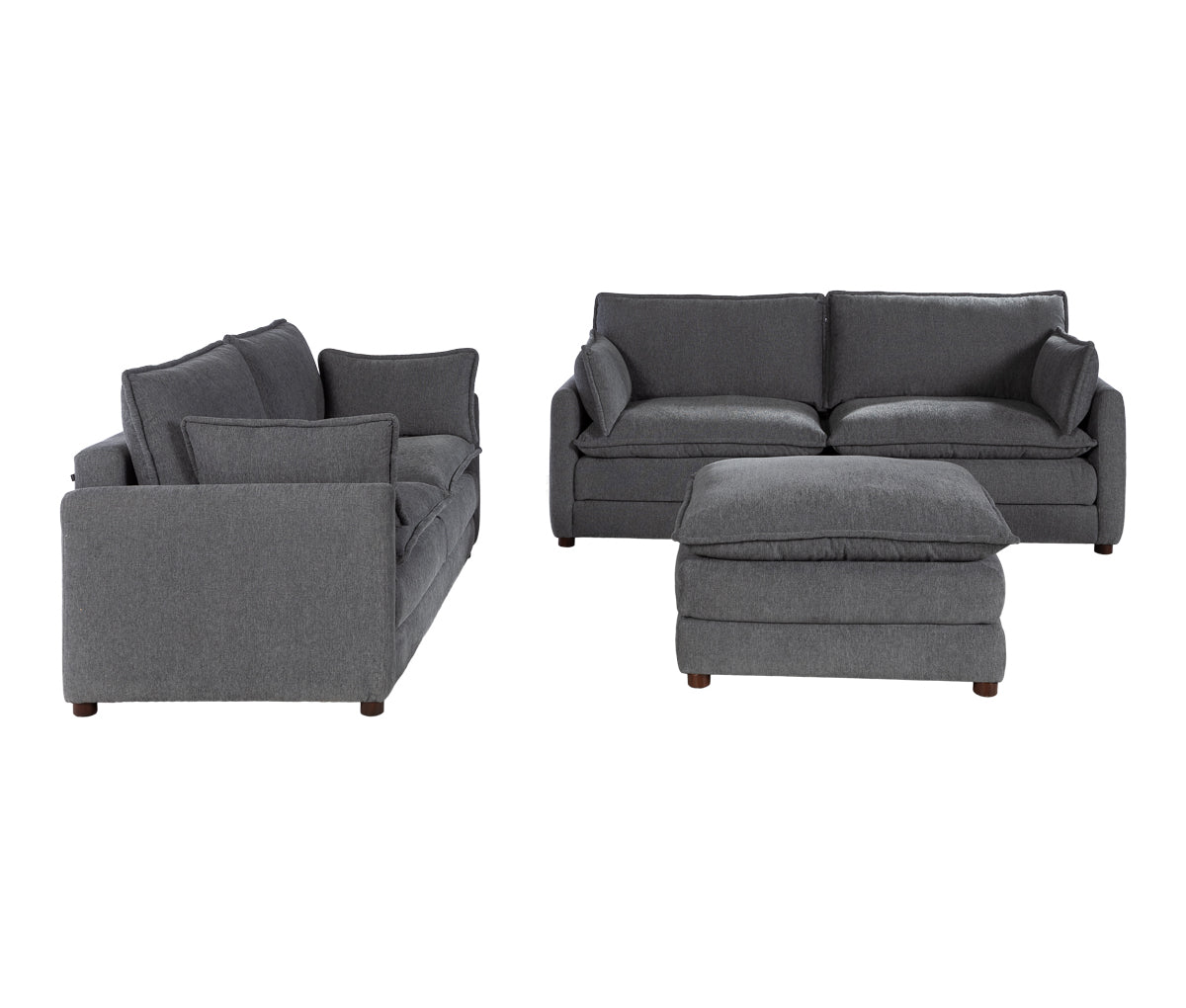 Set de Sala Andrea Sofá 3 Cuerpos, Sofá 2 Cuerpos y Taburete en Gris