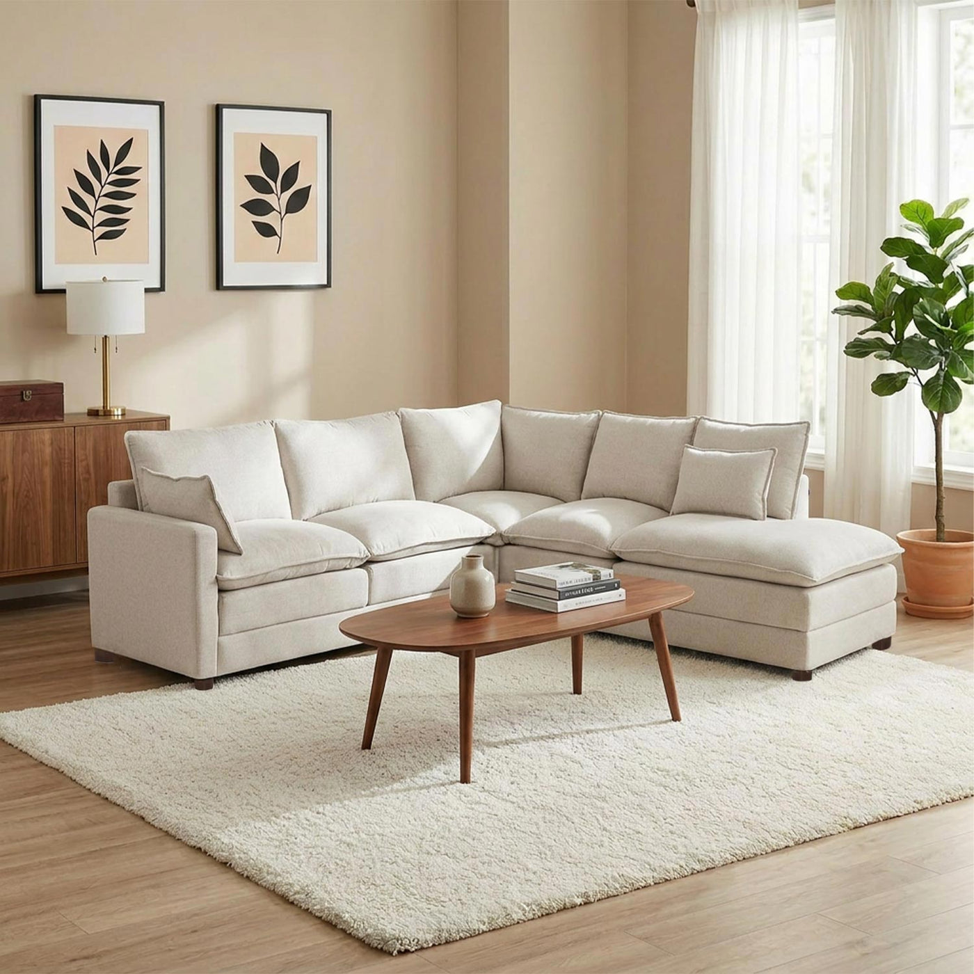 Set Modular Andrea de 5 Plazas con Banca Derecha en Marfil