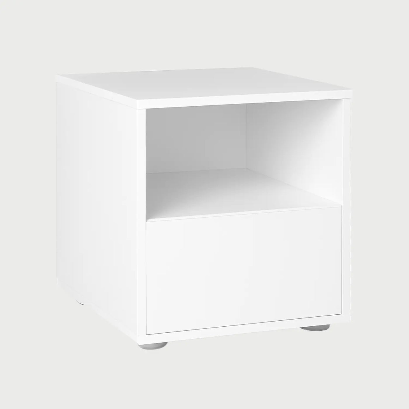 Vista lateral del buró Blancx B blanco, mostrando su estructura cúbica y el diseño del compartimento abierto que aporta ligereza visual a la pieza.