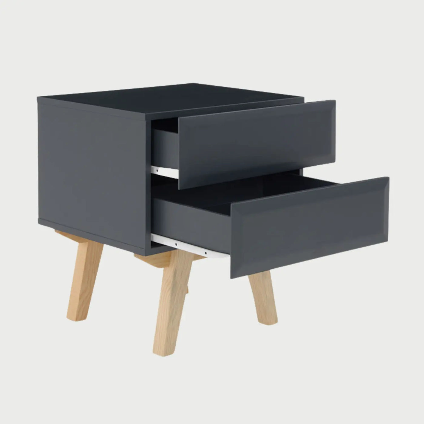 Vista lateral del buró Cuauhtémoc gris, mostrando el perfil de los cajones con acabado premium y la estructura de soporte en madera natural que sobresale ligeramente del cuerpo.