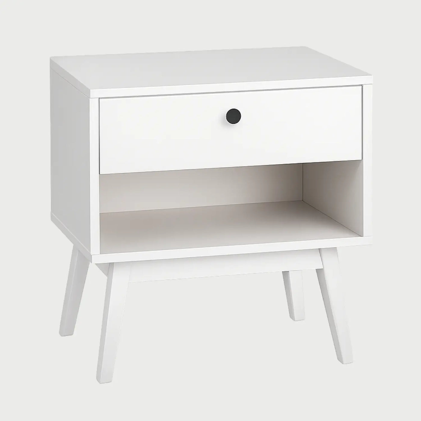 Vista frontal del buró Evo en color blanco mate, que cuenta con un cajón superior con tirador circular tipo uñero y un nicho de almacenamiento abierto en la parte inferior, sobre patas inclinadas.