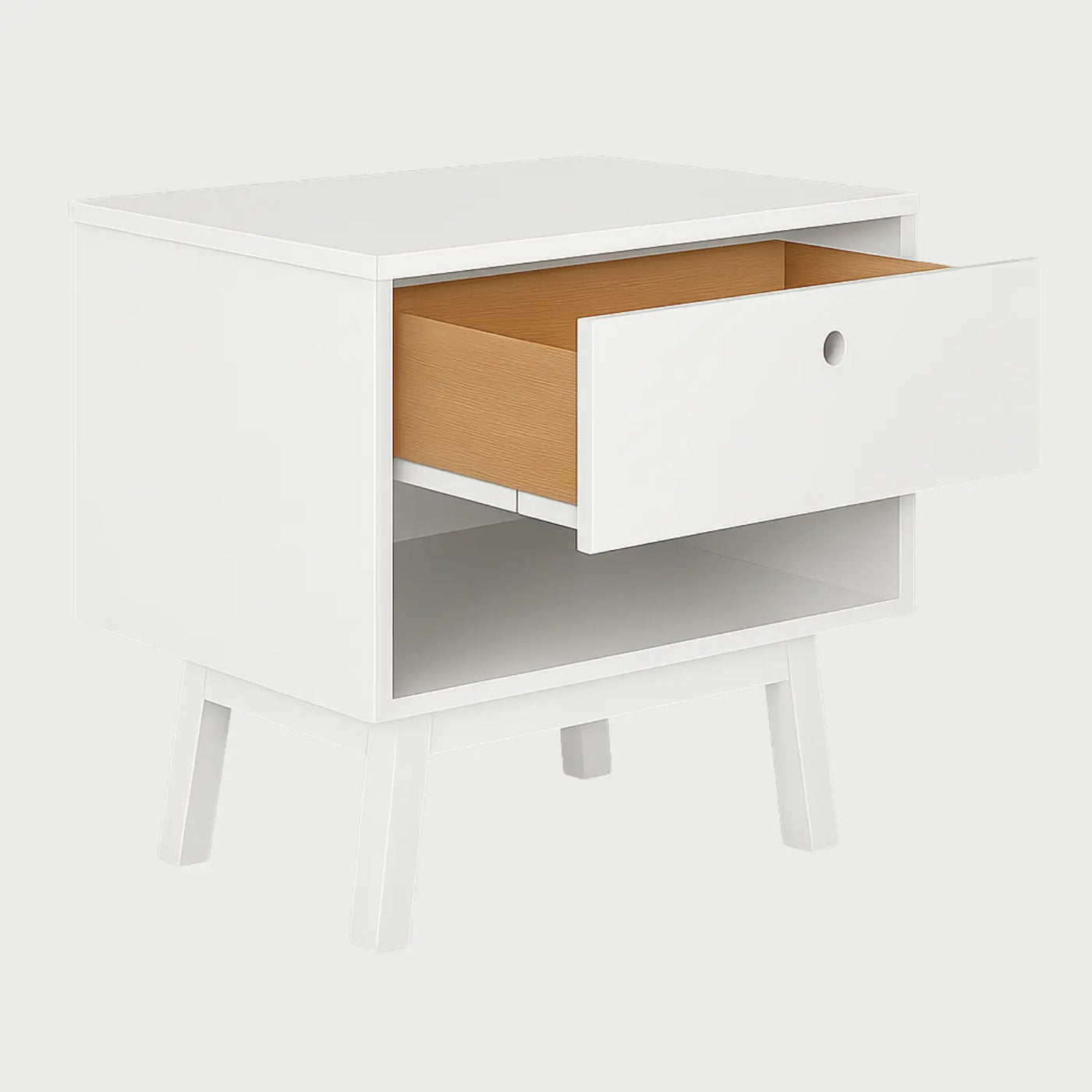 Vista lateral del buró Evo blanco, mostrando su perfil rectangular compacto y la profundidad de su estructura diseñada para optimizar el espacio junto a la cama.