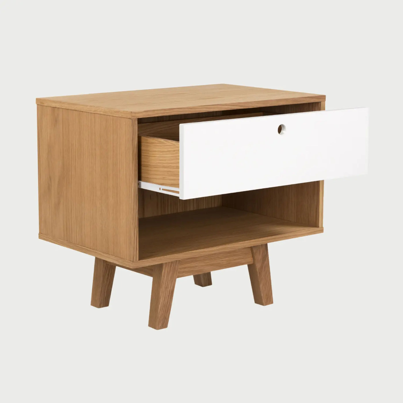 Vista lateral del buró Evo, mostrando el perfil de la estructura de encino con veta de madera visible y el contraste con el frente del cajón blanco.