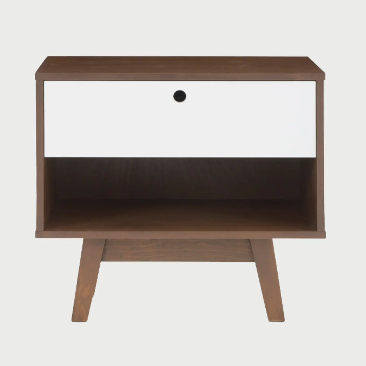 Frontal de buró Evo con estructura nogal, un cajón blanco con uñero negro y nicho abierto inferior.