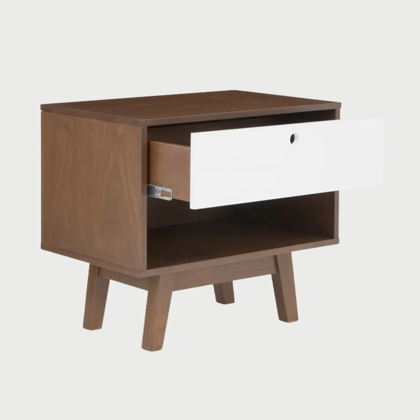 Perfil del buró Evo nogal blanco, mostrando la veta de madera lateral y la base elevada.