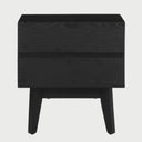 Vista frontal del buró Meztli B en color negro mate, con dos amplios cajones de frentes lisos y tiradores discretos sobre una base de patas de madera inclinadas.