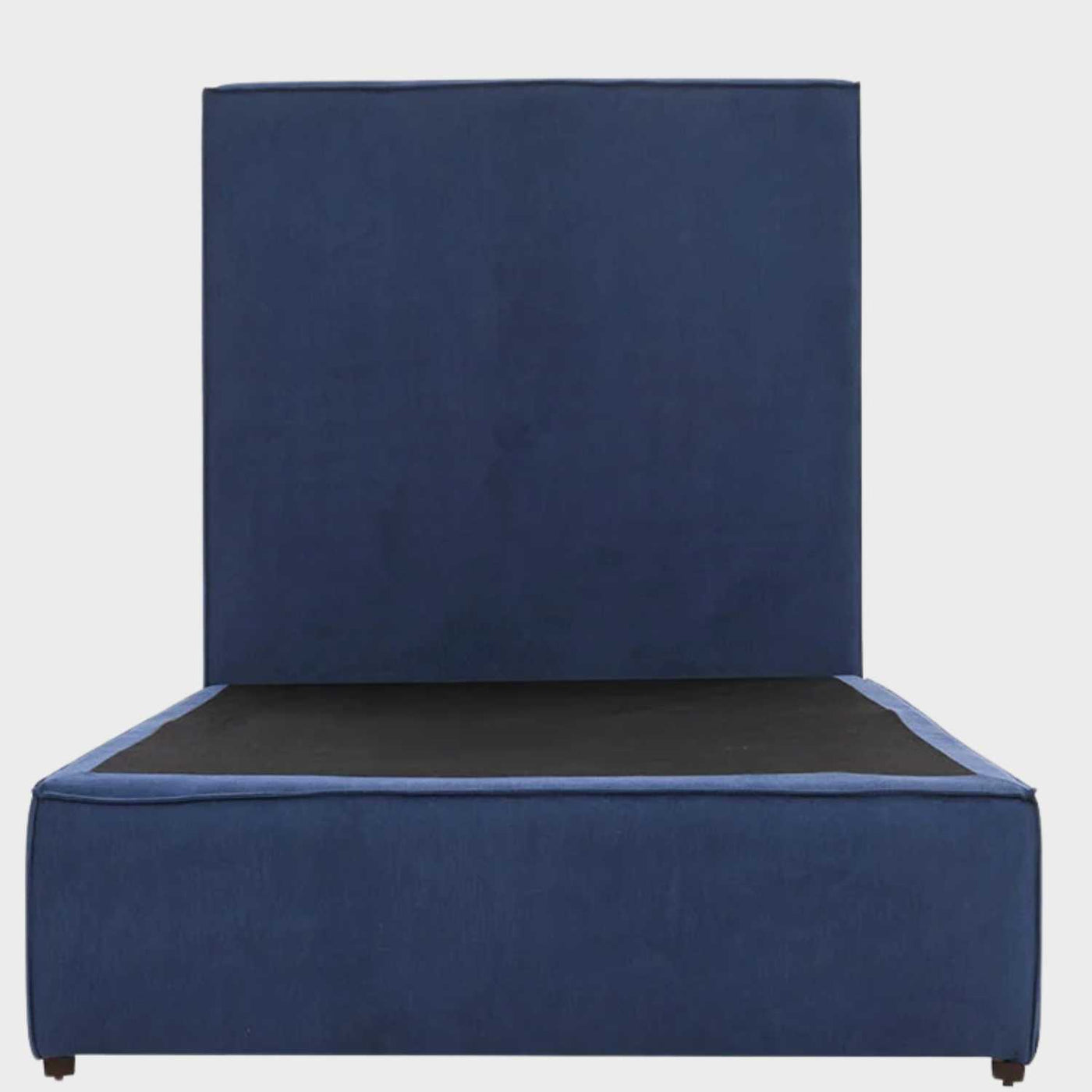Cama individual Raquel GAIA tapizada en tela azul con cabecera recta