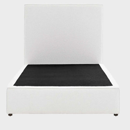 Cama individual Raquel GAIA en color blanco con base y cabecera tapizadas