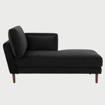 Sofá chaise izquierdo Levanto GAIA en color negro con base de madera de nogal sólido de diseño sofisticado.