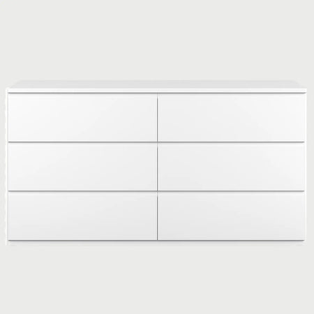 Vista frontal de la cómoda Blancx B en color blanco puro, con una configuración de seis cajones distribuidos en dos columnas de tres niveles, con frentes lisos y apertura sin tiradores visibles.