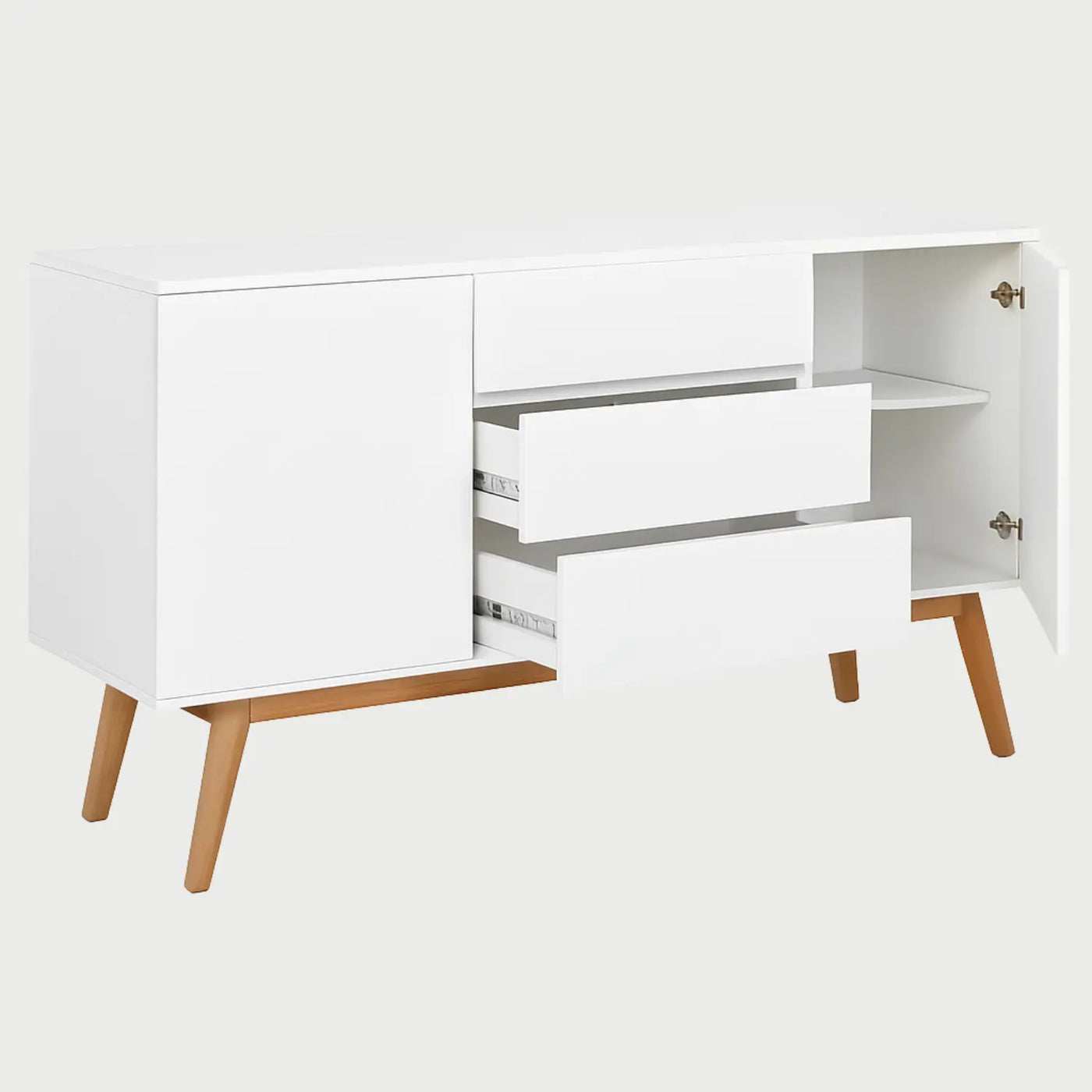 Vista lateral de la credenza Cuauhtémoc blanca, mostrando el perfil de la estructura rectangular y el diseño estilizado de la base de madera que sobresale sutilmente.