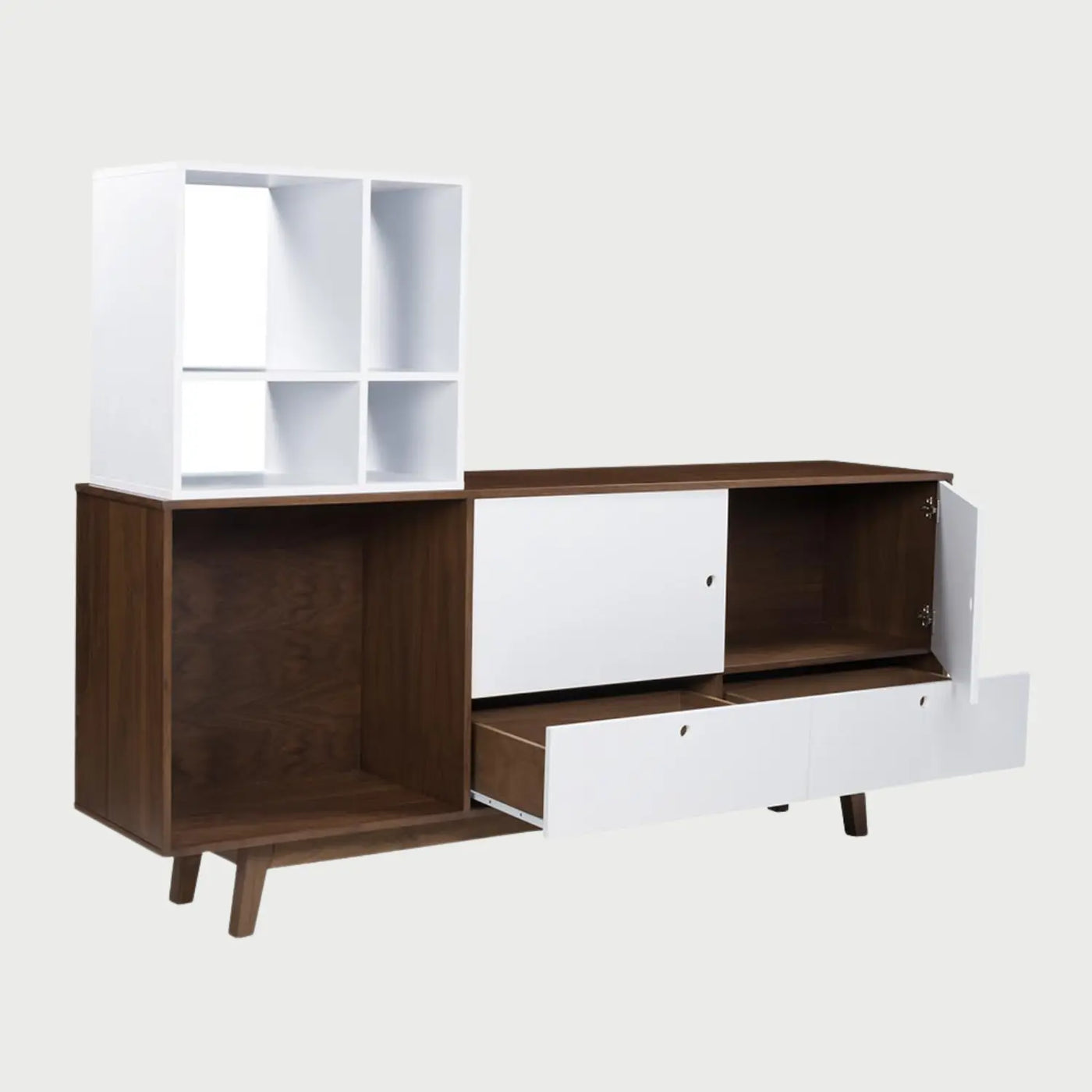 Vista de perfil de la credenza Evo en acabado nogal, detallando una profundidad de 40 cm y una altura total de 80 cm desde el suelo hasta la superficie superior.