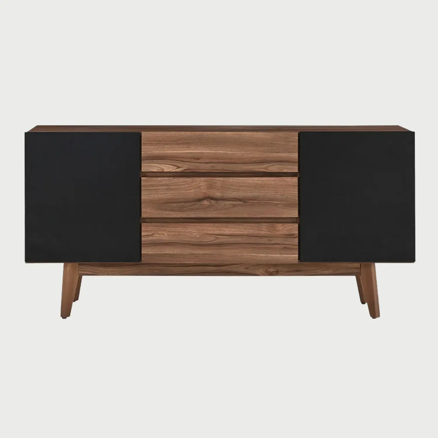 Vista frontal de la credenza Meztli B con cuerpo y cajones centrales en acabado nogal, flanqueados por dos puertas laterales en color negro mate, sobre una base de madera coordinada.