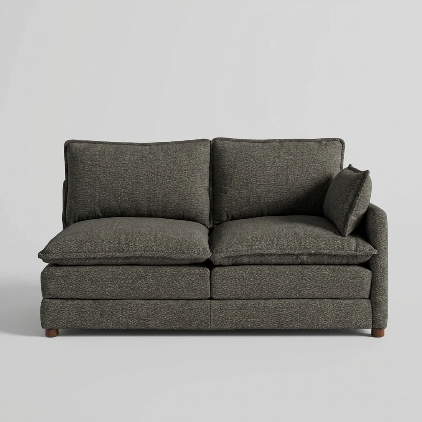 Love lateral derecho Andrea GAIA tapizado en tela gris con brazo integrado vista frontal.
