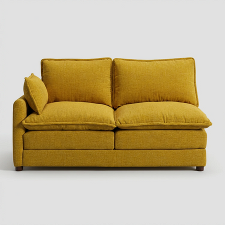 Love lateral izquierdo Andrea GAIA tapizado en tela amarilla vibrante con brazo lateral vista frontal.
