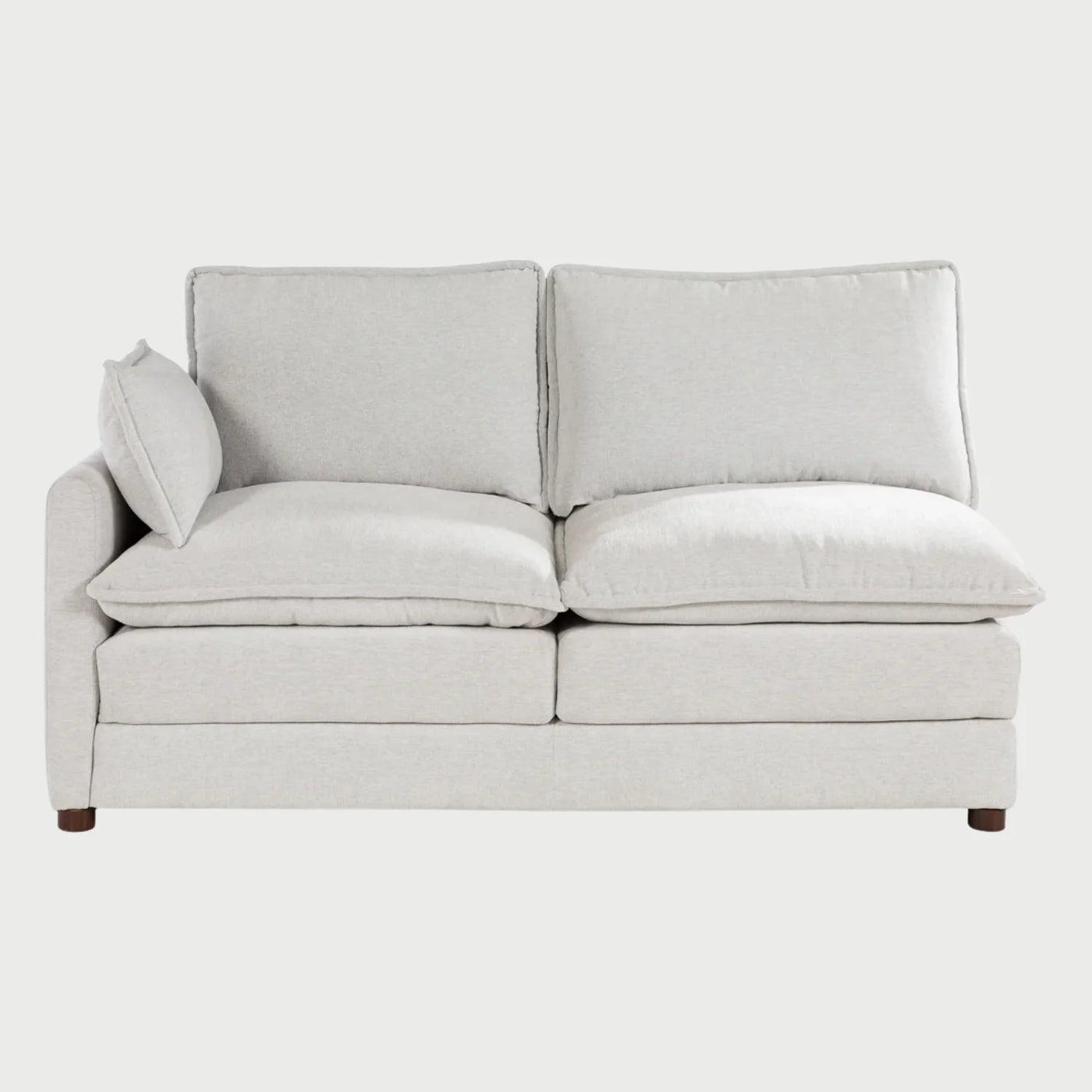 Love lateral izquierdo Andrea GAIA en tela blanca de estilo minimalista con brazo y base de madera.