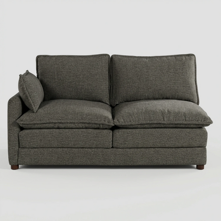 Love lateral izquierdo Andrea GAIA en tela gris con brazo integrado y cojines mullidos vista de frente.