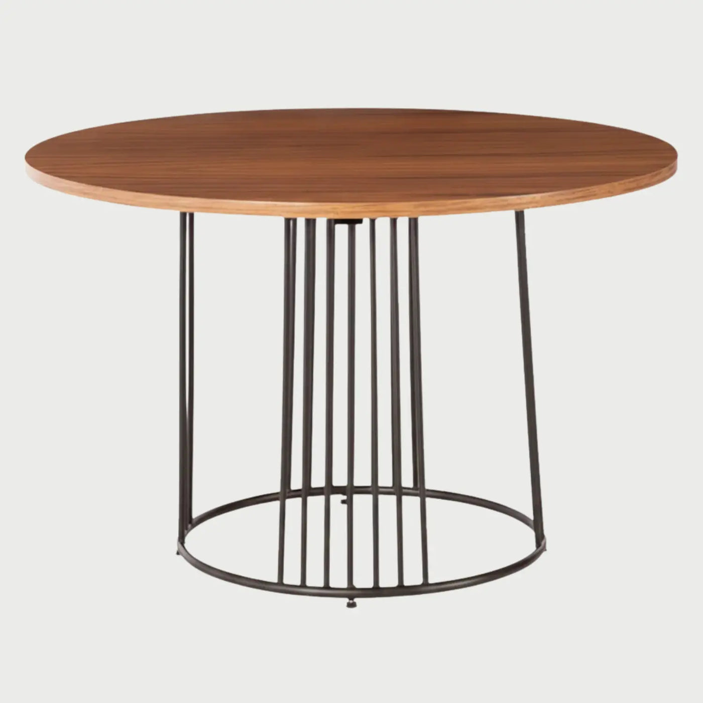 Vista frontal de la mesa de comedor Loreta; presenta una superficie circular de madera en color café con una base cilíndrica de varillas metálicas negras. Se indican las medidas de 120 cm de diámetro y 75 cm de altura.