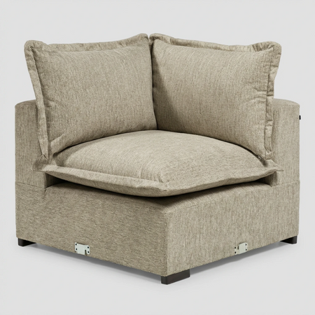 Vista frontal del módulo esquinero Emilia en color gris claro; destaca su diseño de asiento profundo y cojines de respaldo mullidos que forman un ángulo recto.