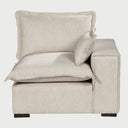 Vista frontal del módulo lateral individual derecho Emilia GAIA en tela blanca, mostrando su diseño acogedor con un brazo ancho a la derecha y cojines mullidos.