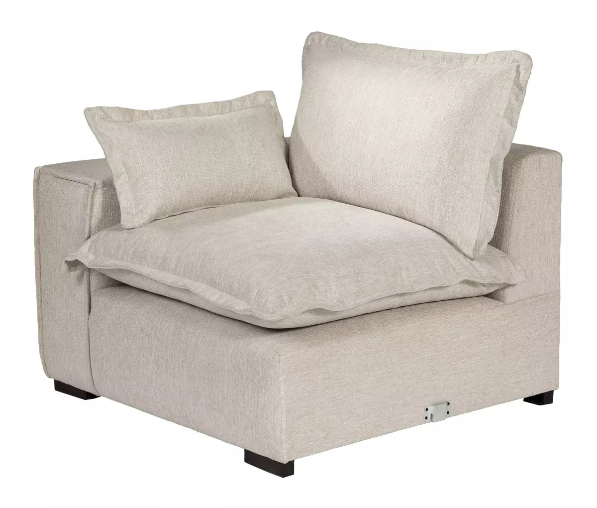 Vista lateral del módulo Emilia gris que muestra el brazo izquierdo integrado y el grosor del cojÃn de asiento; se aprecia la textura del tapizado textil y el sistema de unión metálico en la parte inferior para configurar piezas modulares.