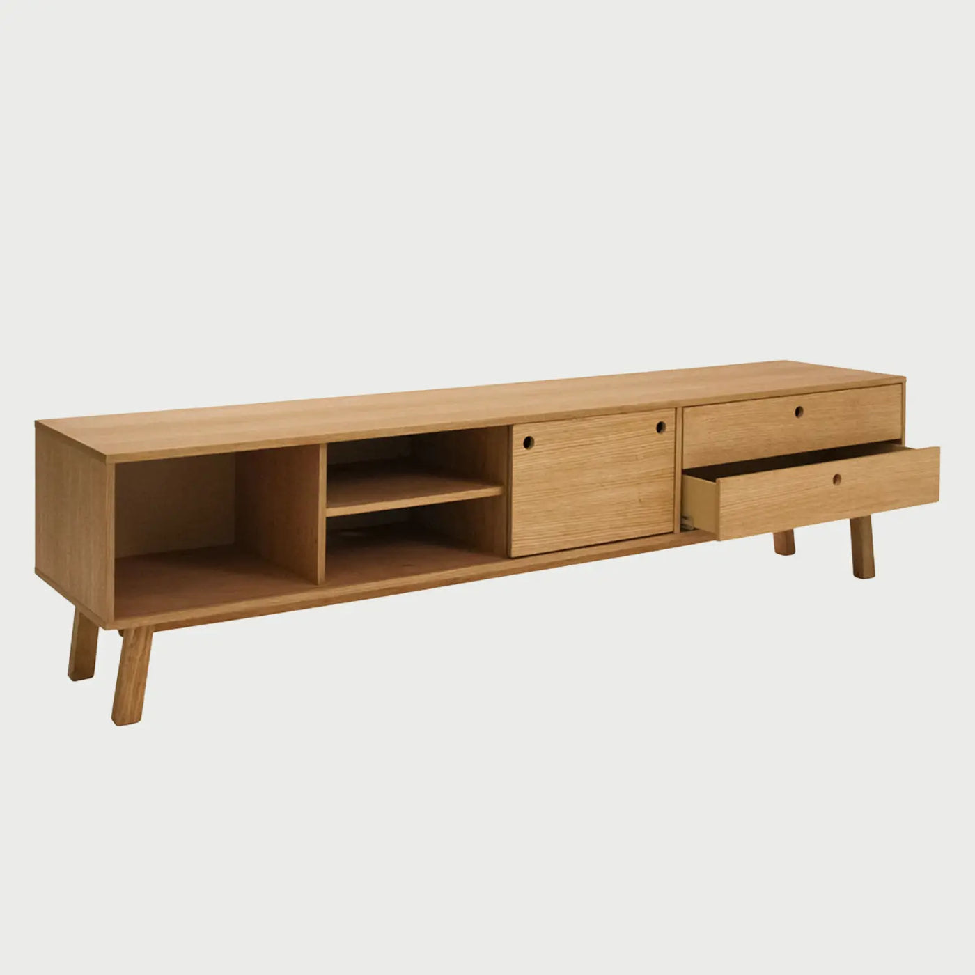 Vista lateral del mueble de TV Avilés beige de 200 cm, mostrando su perfil rectangular extendido y la profundidad de la estructura de madera ideal para soportar pantallas de gran tamaño.