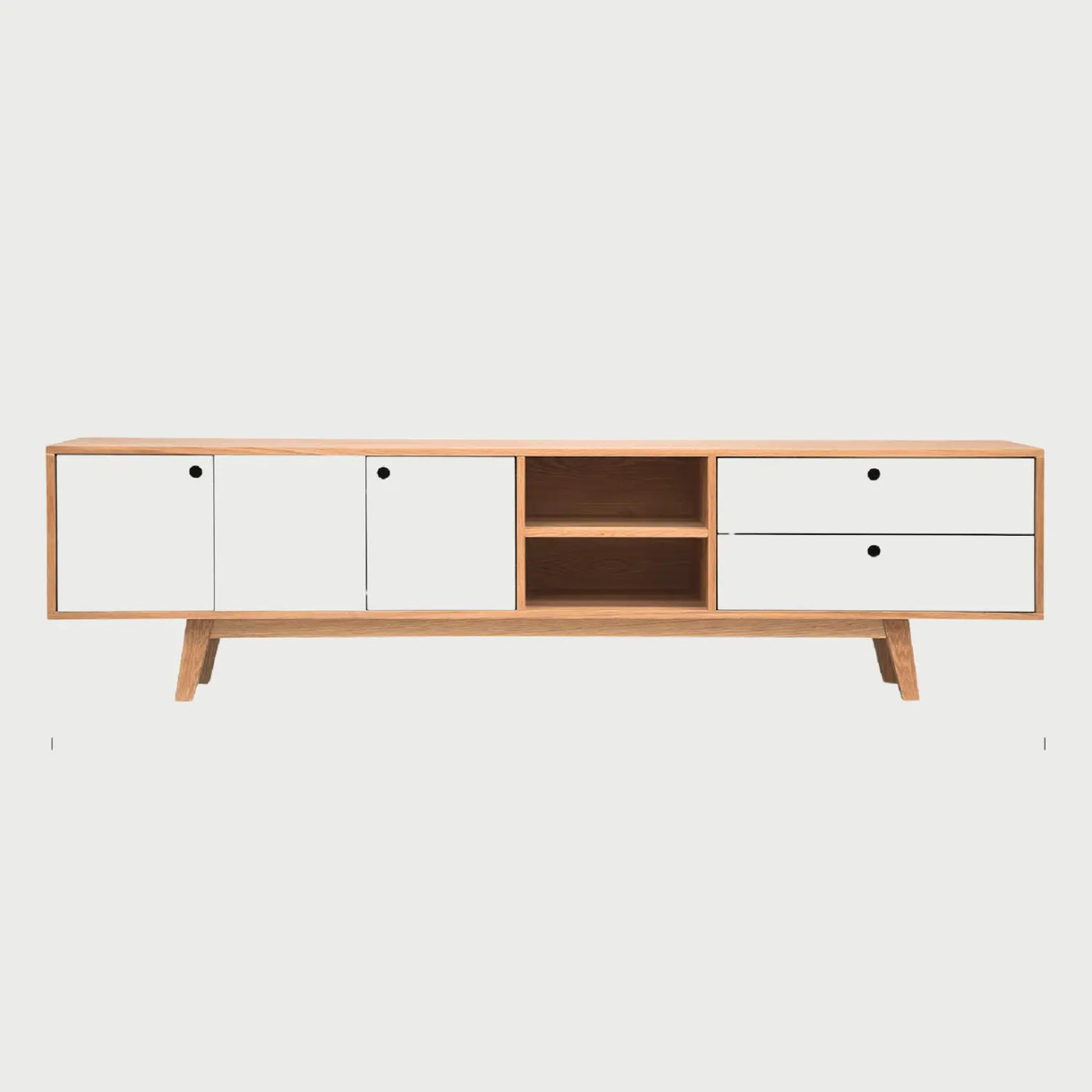 Vista frontal del mueble Evo de 200 cm en encino con dos puertas blancas, nicho central con repisa y dos cajones blancos a la derecha.
