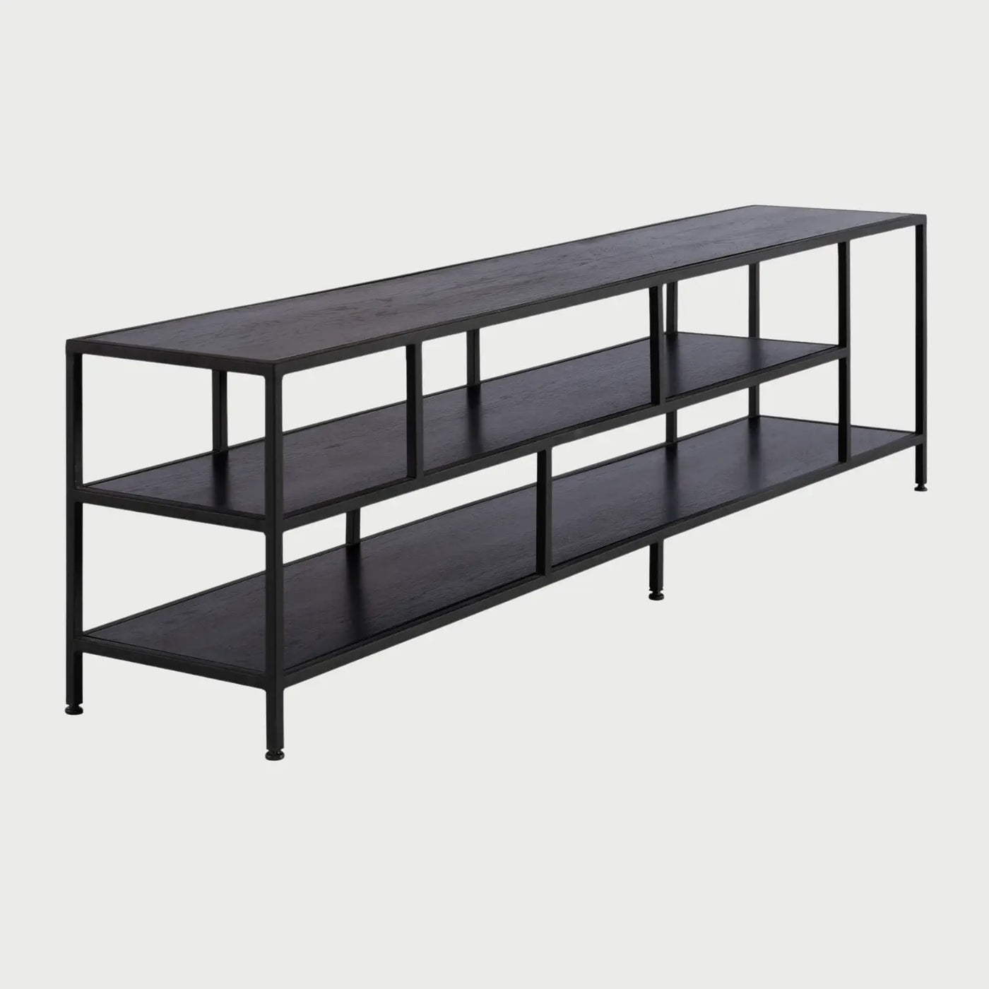 Perfil lateral del mueble de TV Yugen negro de 200 cm, mostrando la profundidad uniforme de sus tres niveles de repisas y la estructura de soporte lineal que descansa sobre patas delgadas.