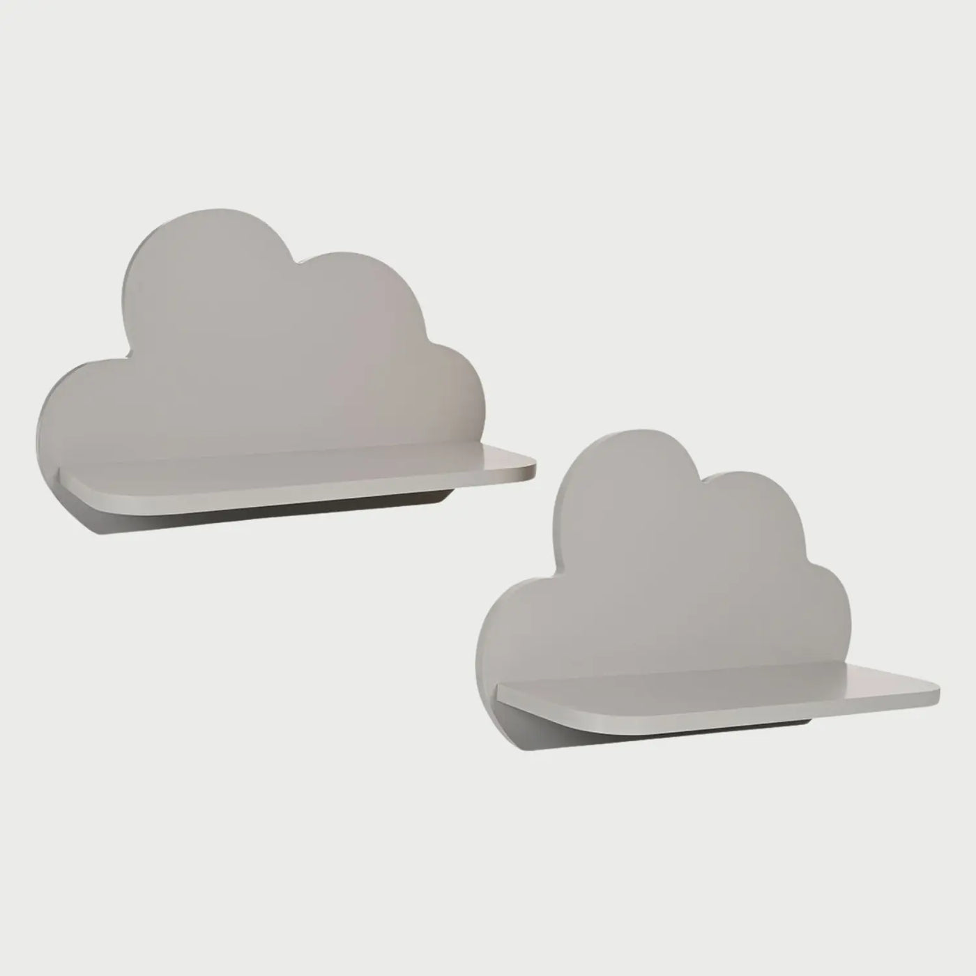 Perfil lateral de la repisa Nuage gris, mostrando la profundidad de la superficie de apoyo y la unión reforzada entre la base y el respaldo de nube para asegurar la estabilidad de los objetos.