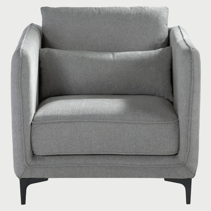 Sillón Marina GAIA en tela gris de diseño contemporáneo con patas metálicas negras.