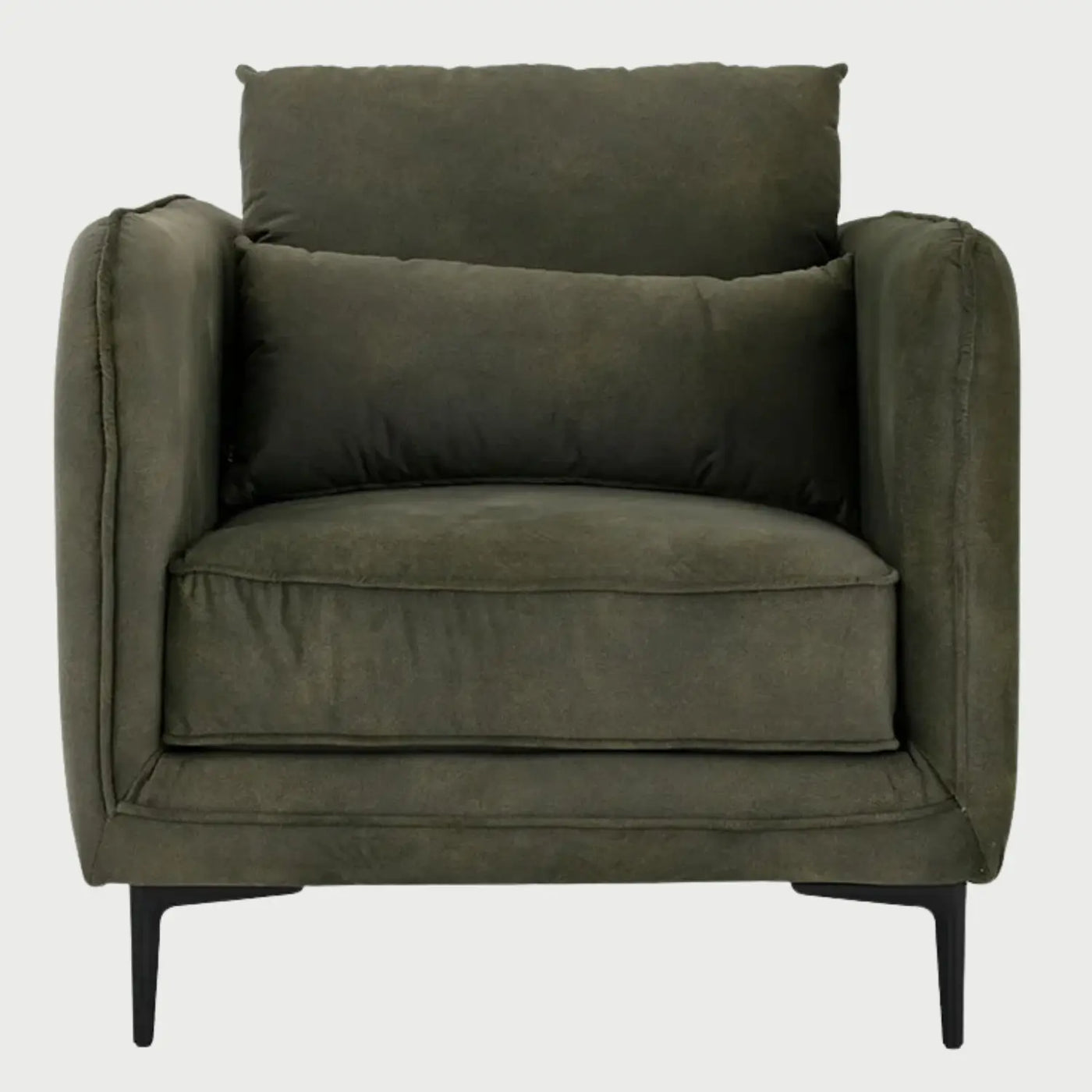 Sillón de acento Marina GAIA tapizado en tela verde con patas de metal negras vista frontal.