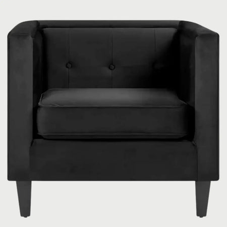 Sillón de acento Moncayo GAIA tapizado en terciopelo negro con detalles de botones vista de frente.