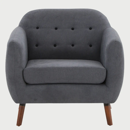 Sillón San Blas GAIA en tela gris con base de madera de nogal oscuro vista de frente.