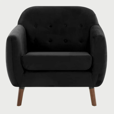 Sillón de acento San Blas GAIA en tela negra con patas oscuras de nogal, ideal para ambientes elegantes.