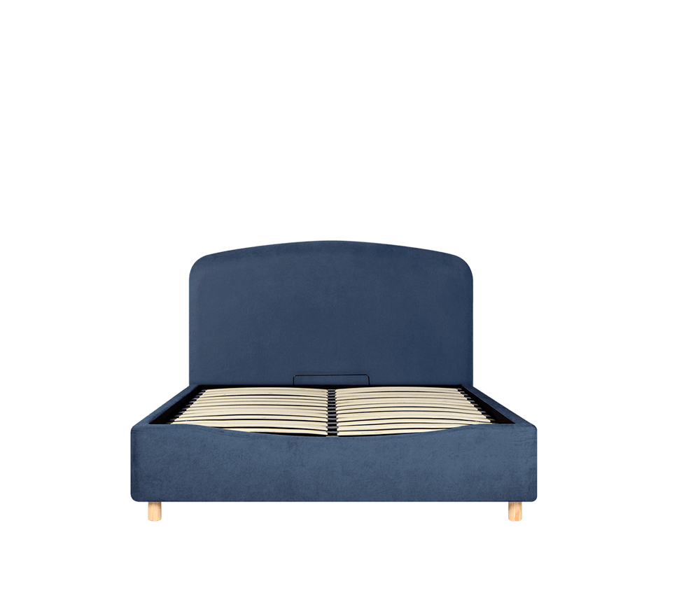 Cama queen size Nakane en azul marino con cabecera tapizada y un diseño moderno y minimalista, perfecta para tu dormitorio.