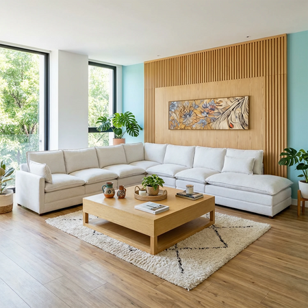 Set Modular Andrea de 8 Plazas con Banca Derecha Tapizado en Tela Marfil