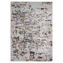 Tapete rectangular con patrón texturizado en tonos blancos, grises y toques de dorado, diseño abstracto y aspecto desgastado.