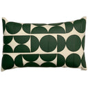 Cojín rectangular de 30 x 50 cm con un diseño de formas circulares verdes sobre un fondo claro, ideal para decorar tu espacio.