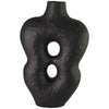Florero de cerámica negro con forma abstracta y dos aberturas circulares, ideal para decorar cualquier espacio.