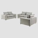 Set de Sala Emilia en gris, que incluye un sofá de 3 cuerpos, un sofá de 2 cuerpos y un sillón XL, todo con un diseño moderno y elegante.