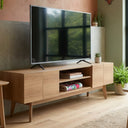 Mueble de TV Meztli de 200 cm, con estantes abiertos y almacenamiento cerrado, ideal para tu sala de estar.