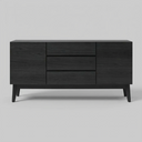 Credenza Meztli con acabado oscuro, dos puertas y tres cajones, diseño minimalista ideal para cualquier estilo de decoración.