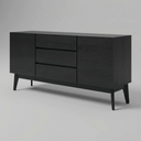 Credenza Meztli con diseño moderno y minimalista, tres cajones y dos puertas, sobre patas cónicas en acabado oscuro.