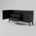 Credenza Meztli con diseño moderno, dos cajones abiertos y dos puertas, en acabado oscuro y patas elegantes.
