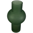Florero de vidrio Volga con acabado mate verde y diseño redondeado, ideal para decorar cualquier espacio.
