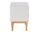Buró blanco de 50 cm con diseño sencillo y patas de madera, ideal para espacios pequeños. Perfecto para tu recámara.
