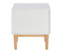 Buró moderno de 50 cm con frente blanco y patas de madera, ideal para recámaras y almacenamiento.