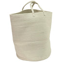 Canasta con asas de diseño cilíndrico en colores verde y blanco, perfecta para decoración y almacenamiento.