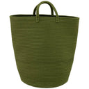 Canasta con asas de color verde, con diseño texturizado y forma cilíndrica, ideal para decoración y organización.